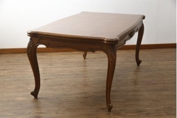 フランスビンテージ　オーク材　すらっと伸びた猫脚に施されたデザインが上品なパーケットリーエクステンションテーブル(ダイニングテーブル、4人掛け、6人掛け、食卓、ヴィンテージ)(R-076436)