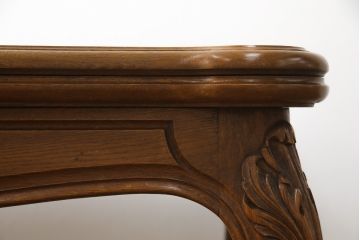 フランスビンテージ　オーク材　すらっと伸びた猫脚に施されたデザインが上品なパーケットリーエクステンションテーブル(ダイニングテーブル、4人掛け、6人掛け、食卓、ヴィンテージ)(R-076436)