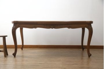 フランスビンテージ　オーク材　すらっと伸びた猫脚に施されたデザインが上品なパーケットリーエクステンションテーブル(ダイニングテーブル、4人掛け、6人掛け、食卓、ヴィンテージ)(R-076436)