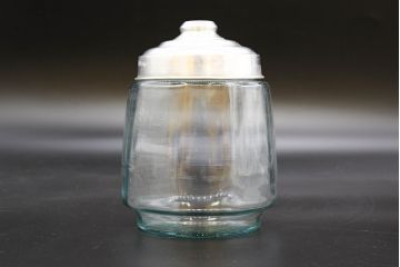 昭和レトロ　当時物　大正〜昭和初期　アルミ蓋　昔懐かしい雰囲気漂うガラス瓶3個セット(キャニスター、ガラスビン、硝子、菓子瓶、フタ付き)(R-076439)