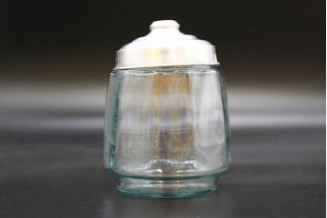 昭和レトロ　当時物　大正〜昭和初期　アルミ蓋　昔懐かしい雰囲気漂うガラス瓶3個セット(キャニスター、ガラスビン、硝子、菓子瓶、フタ付き)(R-076439)