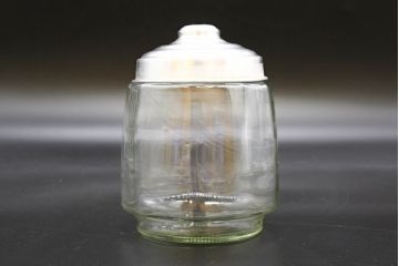 昭和レトロ　当時物　大正〜昭和初期　アルミ蓋　昔懐かしい雰囲気漂うガラス瓶3個セット(キャニスター、ガラスビン、硝子、菓子瓶、フタ付き)(R-076440)