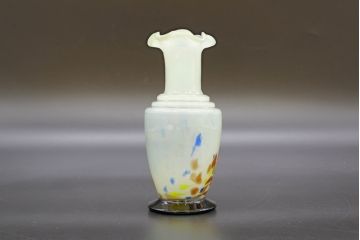 昭和レトロ　戦前　大正　可愛らしいデザインの古いマーブルガラス花瓶2個セット(フリル、色被せ、一輪挿し、花入、花器、硝子、吹きガラス)(R-076466)