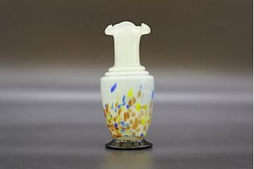 昭和レトロ　戦前　大正　可愛らしいデザインの古いマーブルガラス花瓶2個セット(フリル、色被せ、一輪挿し、花入、花器、硝子、吹きガラス)(R-076466)