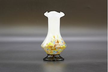 昭和レトロ　戦前　大正　可愛らしいデザインの古いマーブルガラス花瓶2個セット(フリル、色被せ、一輪挿し、花入、花器、硝子、吹きガラス)(R-076480)