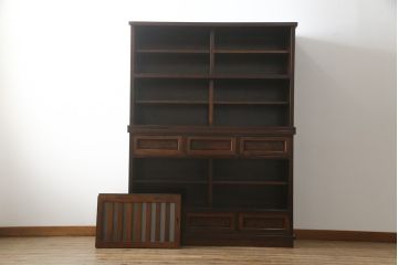 中古　美品　高級品　国産　職人手作り　総欅(ケヤキ)材　漆塗り　上質な和の空間を演出する二段重ね水屋箪笥(食器棚、茶箪笥、キャビネット、収納棚、戸棚、店舗什器)(定価約120万円)(R-076489)