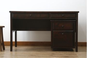 中古　希少な絶版品!　北海道民芸家具　落ち着いたシックな色合いが魅力のデスクとサイドチェストのセット(平机、ワークデスク、作業台、引き出し、ワゴン、在宅用、在宅ワーク用)(R-076498)