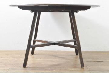 イギリスビンテージ　ERCOL(アーコール)　ニレ材　シンプルなデザインと機能性の良さが魅力的なバタフライダイニングテーブル(バタフライテーブル、ドロップリーフテーブル、エクステンションテーブル、ラウンドテーブル、丸テーブル、2人掛け、4人掛け、ヴィンテージ、英国、北欧)(R-076529)