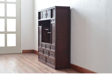 和製アンティーク　激レア　希少!!　図録級　高級品　指物工芸家具　象嵌入り　前面欅(ケヤキ)材　玉杢　趣のある佇まいが魅力的な収納棚(キャビネット、違い棚、茶箪笥、茶棚、飾り棚、戸棚)(R-076537)