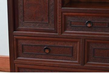 和製アンティーク　激レア　希少!!　図録級　高級品　指物工芸家具　象嵌入り　前面欅(ケヤキ)材　玉杢　趣のある佇まいが魅力的な収納棚(キャビネット、違い棚、茶箪笥、茶棚、飾り棚、戸棚)(R-076537)