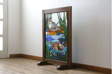 中古　自然の風景を切り取ったデザインに癒されるステンドグラスパーテーション(衝立て、衝い立て、つい立て、間仕切り)(R-076542)