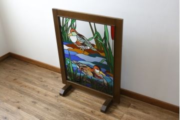 中古　自然の風景を切り取ったデザインに癒されるステンドグラスパーテーション(衝立て、衝い立て、つい立て、間仕切り)(R-076542)