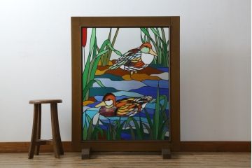 中古　自然の風景を切り取ったデザインに癒されるステンドグラスパーテーション(衝立て、衝い立て、つい立て、間仕切り)(R-076542)