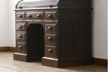 和製アンティーク　最高級品!!　希少な薄型サイズ　古い洋館のロールトップライティングデスク(ライティングビューロー、ワークデスク、簿記机、在宅用、在宅ワーク用)(R-076557)