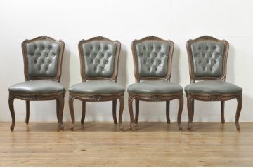 中古　カリモク家具(karimoku)　domani(ドマーニ)　Louis(ルイ)XVシリーズ　本革(レザー)　シックでクラシカルな雰囲気漂うダイニングチェア4脚セット(椅子、イス)(定価4脚で約200万円)(R-076576)