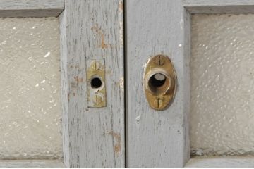 アンティーク建具　ペイント仕上げ限定　ダイヤガラス入り　横桟ペイントガラス窓2枚セット(引き戸、ガラス戸)(R-076586)
