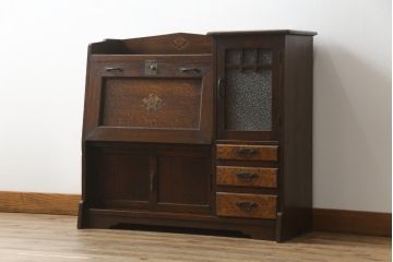 和製アンティーク　上手物　ナラ材　象嵌入り　木目を楽しめるデザインが魅力的なライティングビューロー(ワークデスク、簿記机、座机、収納棚、戸棚、在宅用、在宅ワーク用)(R-076631)