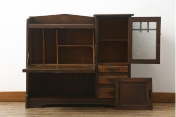 和製アンティーク　上手物　ナラ材　象嵌入り　木目を楽しめるデザインが魅力的なライティングビューロー(ワークデスク、簿記机、座机、収納棚、戸棚、在宅用、在宅ワーク用)(R-076631)