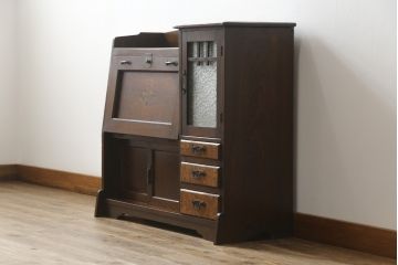 和製アンティーク　上手物　ナラ材　象嵌入り　木目を楽しめるデザインが魅力的なライティングビューロー(ワークデスク、簿記机、座机、収納棚、戸棚、在宅用、在宅ワーク用)(R-076631)