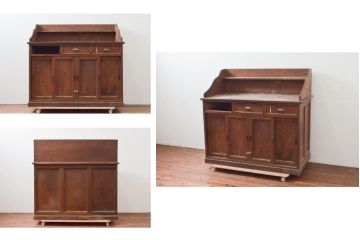 和製アンティーク　希少デザイン!!　ナラ材　使い込まれた風合いが味わい深いカウンターテーブル作業台(収納棚、戸棚、サイドボード)(R-076639)