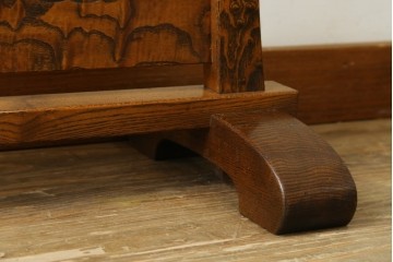 和製アンティーク　指物工芸家具　透かし彫り入り　タモ材の力強い杢目が目を惹く姿見　(R-076651)