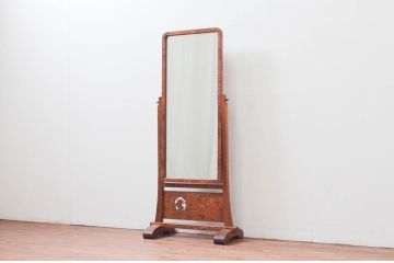 和製アンティーク　指物工芸家具　タモ材　力強い杢目が目を惹く姿見(スタンドミラー、鏡)(R-076651)