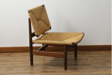 ジャンク品　和製ビンテージ　松本民芸家具　ナラ材　アジアンテイストのお部屋におすすめなラッシチェア(低椅子、ラウンジチェア、ダイニングチェア、椅子、イス、ヴィンテージ)(R-076664)