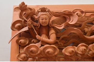 アンティーク建具　立体感のある彫刻が立派な寺社仏閣の欄間1枚(明り取り、明かり取り、ランマ)(R-076684)