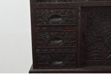 和製ビンテージ　希少な古い時代の軽井沢彫りデスクとスツールのセット(ワークデスク、机、椅子、イス、板座チェア、在宅用、在宅ワーク用)(R-076694)