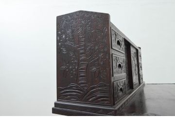 和製ビンテージ　希少な古い時代の軽井沢彫りデスクとスツールのセット(ワークデスク、机、椅子、イス、板座チェア、在宅用、在宅ワーク用)(R-076694)
