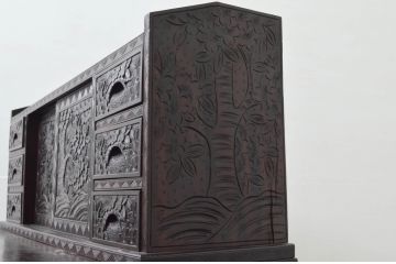 和製ビンテージ　希少な古い時代の軽井沢彫りデスクとスツールのセット(ワークデスク、机、椅子、イス、板座チェア、在宅用、在宅ワーク用)(R-076694)