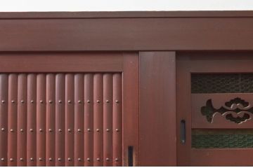 和製アンティーク　美品!!　木目も美しい丸桟引き戸の六尺近江水屋箪笥(収納棚、戸棚、食器棚、キャビネット)(R-076700)