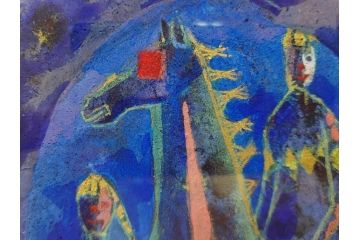 真作　山下邦雄　「サーカスがやってきた」　F0号　日本画(共シール、絵画、額装、箱付き)(R-076732)