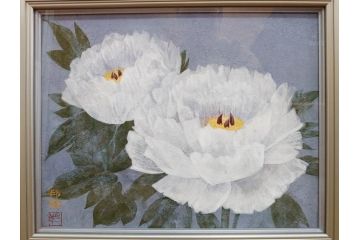 真作　山下邦雄　「牡丹」　6F(6号)　日本画(ぼたん、花、共シール、絵画、額装、箱付き)(R-076743)