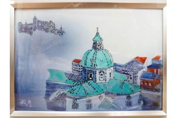 真作　辻毅彦　陶額(風景画、陶板画、額装、箱付き)(R-076744)