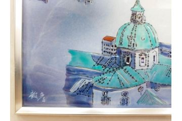 真作　辻毅彦　陶額(風景画、陶板画、額装、箱付き)(R-076744)