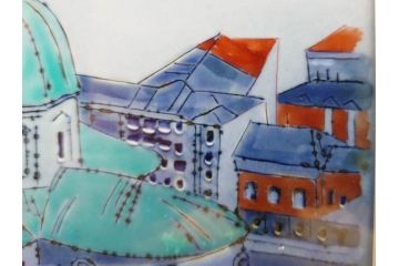 真作　辻毅彦　陶額(風景画、陶板画、額装、箱付き)(R-076744)