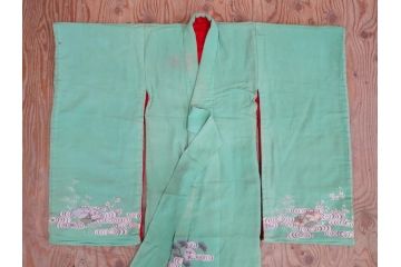 大正〜昭和初期　縮緬(ちりめん)　松竹梅　鶴　扇子　子供着物　振袖(子ども、古布、リメイク、衣装、Japanese KIMONO)(R-076755)