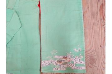 大正〜昭和初期　縮緬(ちりめん)　松竹梅　鶴　扇子　子供着物　振袖(子ども、古布、リメイク、衣装、Japanese KIMONO)(R-076755)