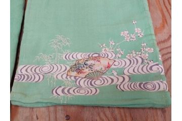 大正〜昭和初期　縮緬(ちりめん)　松竹梅　鶴　扇子　子供着物　振袖(子ども、古布、リメイク、衣装、Japanese KIMONO)(R-076755)