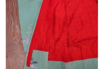 大正〜昭和初期　縮緬(ちりめん)　松竹梅　鶴　扇子　子供着物　振袖(子ども、古布、リメイク、衣装、Japanese KIMONO)(R-076755)