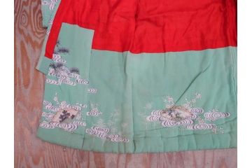 大正〜昭和初期　縮緬(ちりめん)　松竹梅　鶴　扇子　子供着物　振袖(子ども、古布、リメイク、衣装、Japanese KIMONO)(R-076755)