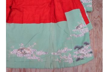 大正〜昭和初期　縮緬(ちりめん)　松竹梅　鶴　扇子　子供着物　振袖(子ども、古布、リメイク、衣装、Japanese KIMONO)(R-076755)