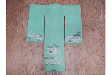 大正〜昭和初期　縮緬(ちりめん)　松竹梅　鶴　扇子　子供着物　振袖(子ども、古布、リメイク、衣装、Japanese KIMONO)(R-076755)