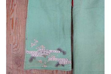 大正〜昭和初期　縮緬(ちりめん)　松竹梅　鶴　扇子　子供着物　振袖(子ども、古布、リメイク、衣装、Japanese KIMONO)(R-076755)