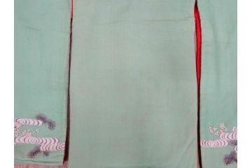 大正〜昭和初期　縮緬(ちりめん)　松竹梅　鶴　扇子　子供着物　振袖(子ども、古布、リメイク、衣装、Japanese KIMONO)(R-076755)