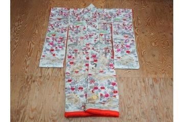 明治〜大正　正絹　刺繍　鶴亀　松竹梅　振袖　着物　打掛(古布、リメイク、衣装、Japanese KIMONO)(R-076756)
