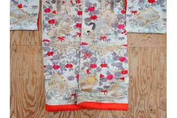 明治〜大正　正絹　刺繍　鶴亀　松竹梅　振袖　着物　打掛(古布、リメイク、衣装、Japanese KIMONO)(R-076756)