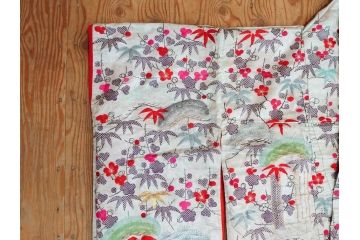 明治〜大正　正絹　刺繍　鶴亀　松竹梅　振袖　着物　打掛(古布、リメイク、衣装、Japanese KIMONO)(R-076756)