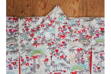 明治〜大正　正絹　刺繍　鶴亀　松竹梅　振袖　着物　打掛(古布、リメイク、衣装、Japanese KIMONO)(R-076756)